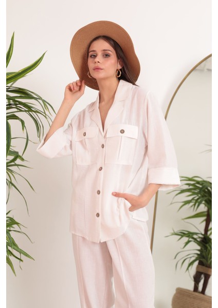 Keten Kumaş Kemer Detay Cepli Kadın Tunik Ekru indirimleri