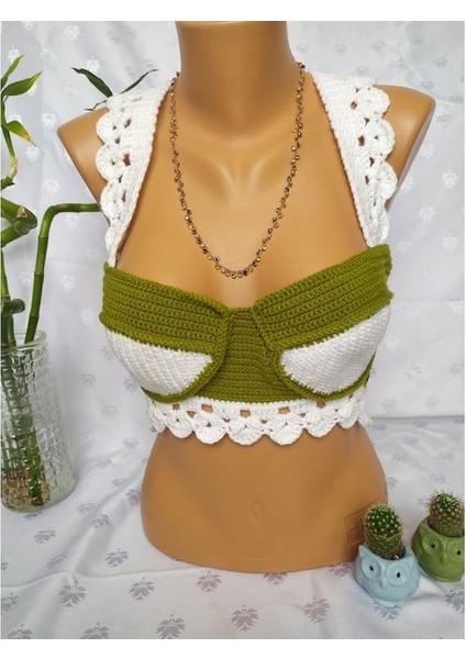 Crop Top Büstiyer Zeytin Yeşili Beyaz Renk Handmade