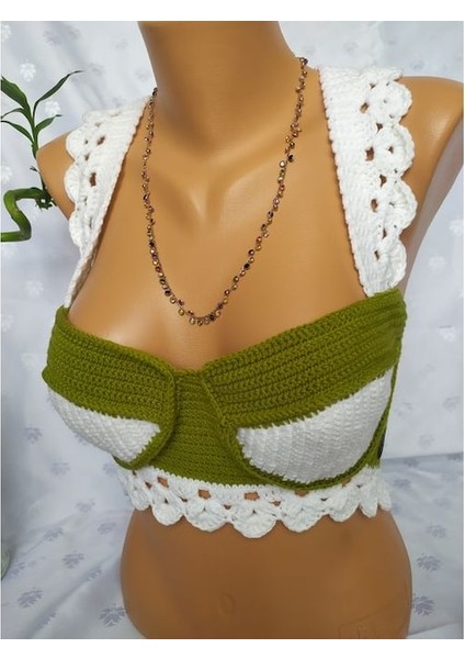 Crop Top Büstiyer Zeytin Yeşili Beyaz Renk Handmade