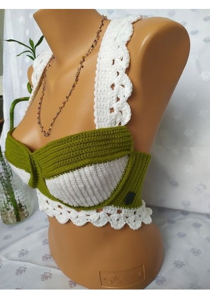 Crop Top Büstiyer Zeytin Yeşili Beyaz Renk Handmade