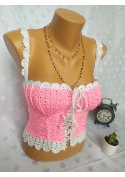 Crop Top Büstiyer Şeker Pembe Beyaz Renk Handmade