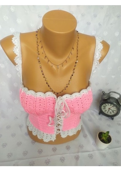 Crop Top Büstiyer Şeker Pembe Beyaz Renk Handmade