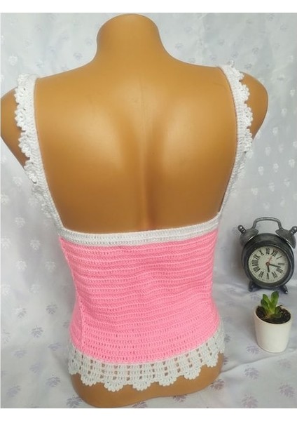 Crop Top Büstiyer Şeker Pembe Beyaz Renk Handmade