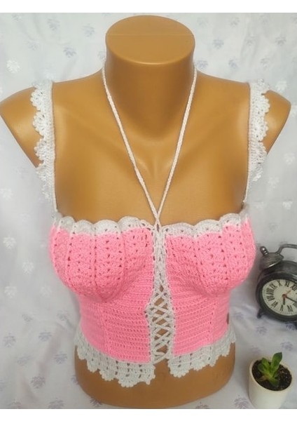 Crop Top Büstiyer Şeker Pembe Beyaz Renk Handmade