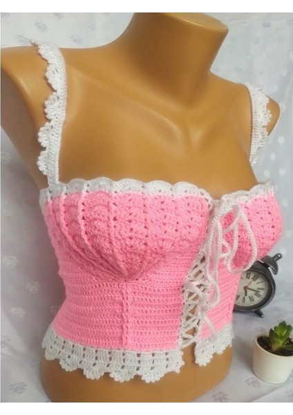 Crop Top Büstiyer Şeker Pembe Beyaz Renk Handmade