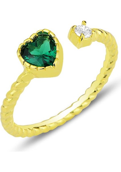 Gümüş Altın Yaldızlı Yeşil Taşlı Kalp Modeli Ayarlamalı Yüzük