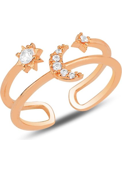 Gümüş Rose Zirkon Taşlı Ay ve Güneş Modeli Ayarlamalı Yüzük