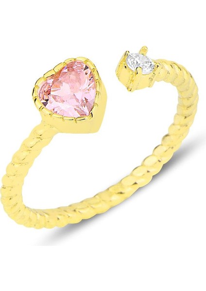 Gümüş Altın Yaldızlı Pembe Taşlı Kalp Modeli Ayarlamalı Yüzük