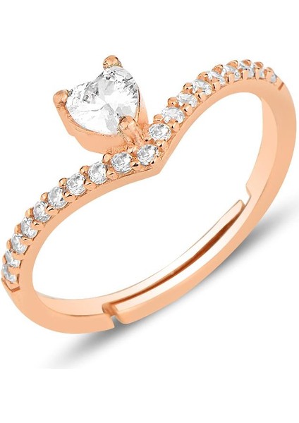 Gümüş Rose Zirkon Taşlı Kalp Modeli Ayarlamalı Yüzük