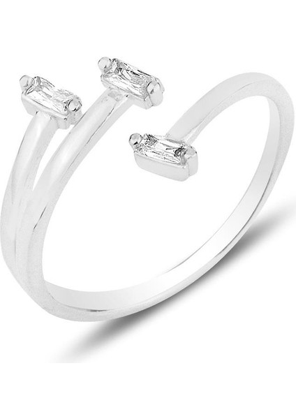 Gümüş Rodyumlu Baget Üç Taşlı Ayarlamalı Yüzük