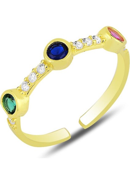 Gümüş Altın Yaldızlı Kök Yakut, Kök Zümrüt, Safir ve Zirkon Taşlı Ayarlamalı Yüzük