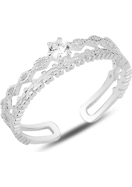 Gümüş Rodyumlu Zirkon Tek Taşlı Ayarlamalı Yüzük