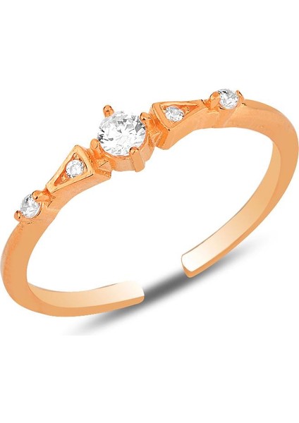 Gümüş Rose Zirkon Taşlı Alttan Ayarlamalı Yüzük