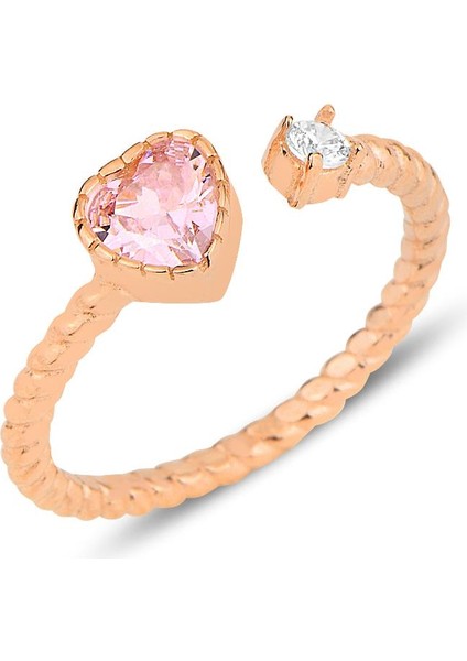 Gümüş Rose Pembe Taşlı Kalp Modeli Ayarlamalı Yüzük
