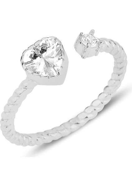 Gümüş Rodyumlu Zirkon Taşlı Kalp Modeli Ayarlamalı Yüzük