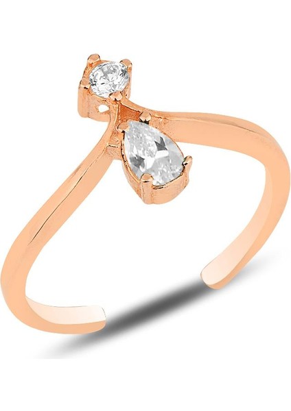 Gümüş Rose Zirkon Taşlı Taç Modeli Ayarlamalı Damla Yüzük