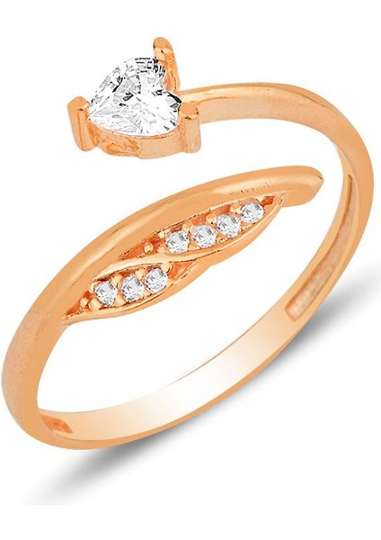 Gümüş Rose Zirkon Taşlı Kalp ve Yaprak Modeli Ayarlamalı Yüzük