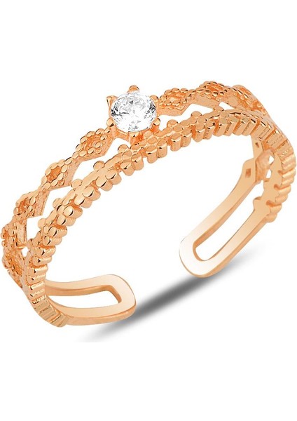 Gümüş Rose Zirkon Tek Taşlı Ayarlamalı Yüzük