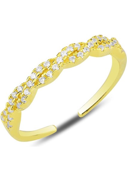 Gümüş Altın Yaldızlı Zirkon Taşlı Örgü Modeli Ayarlamalı Yüzük