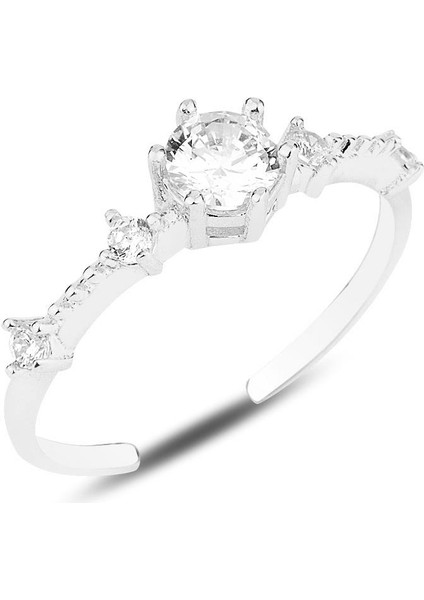 Gümüş Rodyumlu Zirkon Taşlı Tek Taş Modeli Ayarlamalı Yüzük