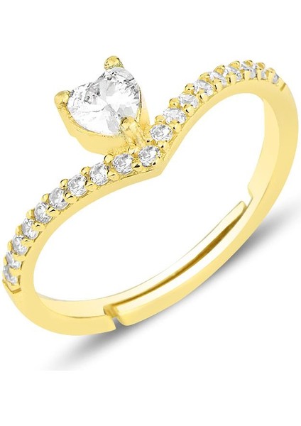 Gümüş Altın Yaldızlı Zirkon Taşlı Kalp Modeli Ayarlamalı Yüzük