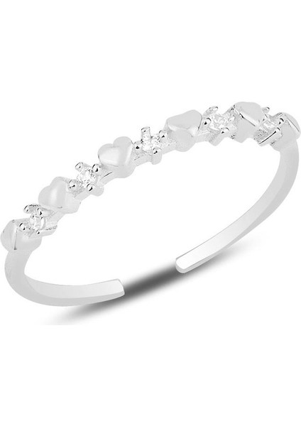 Gümüş Rodyumlu Zirkon Taşlı Minik Kalpler Ayarlamalı Yüzük