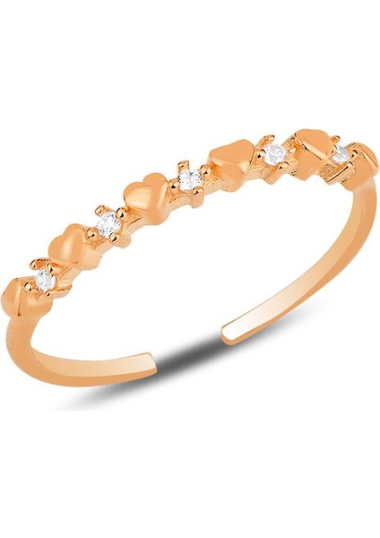 Gümüş Rose Zirkon Taşlı Minik Kalpler Ayarlamalı Yüzük