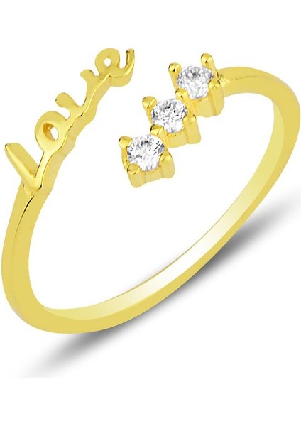 Gümüş Altın Yaldızlı Zirkon Taşlı Love Yazılı Ayarlamalı Yüzük