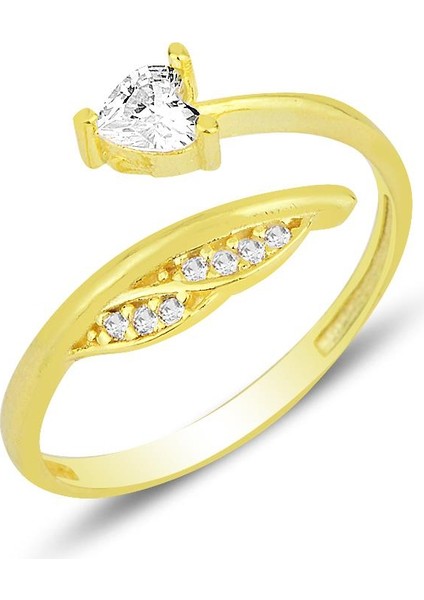 Gümüş Altın Yaldızlı Zirkon Taşlı Kalp ve Yaprak Modeli Ayarlamalı Yüzük