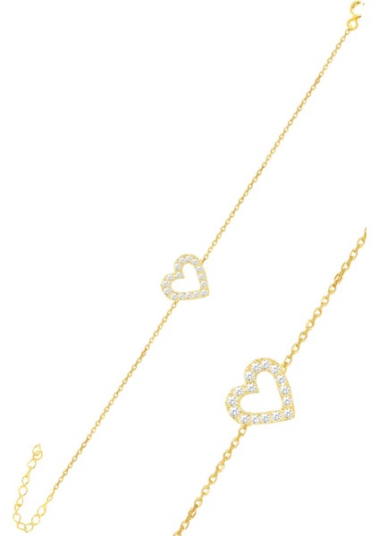 Gümüş Altın Yaldızlı Zirkon Taşlı Kalp Bileklik