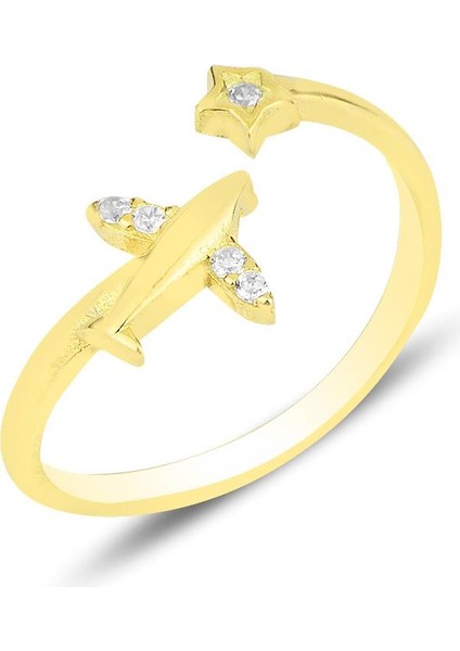 Gümüş Altın Yaldızlı Zirkon Taşlı Uçak ve Yıldız Modeli Ayarlamalı Yüzük