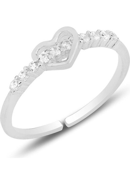 Gümüş Rodyumlu Zirkon Taşlı Kalp Modeli Ayarlamalı Yüzük