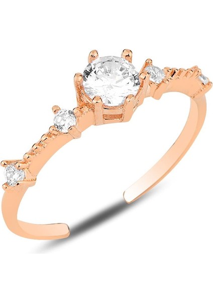 Gümüş Rose Zirkon Taşlı Tek Taş Modeli Ayarlamalı Yüzük