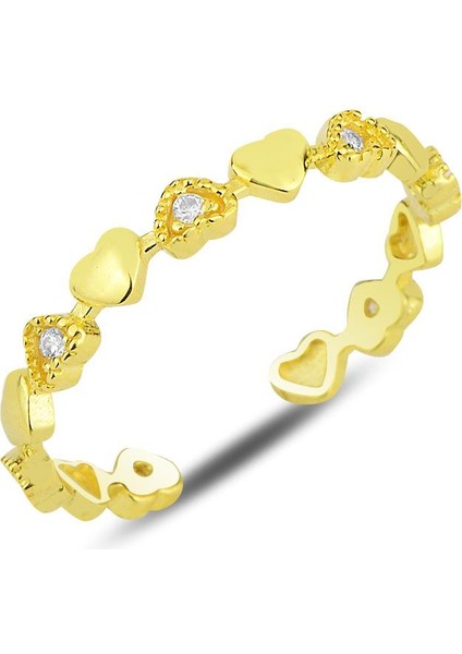 Gümüş Altın Yaldızlı Zirkon Taşlı Birleşen Kalpler Ayarlamalı Yüzük