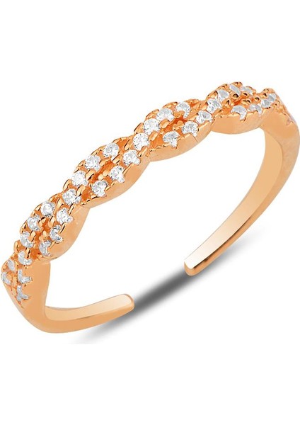 Gümüş Rose Zirkon Taşlı Örgü Modeli Ayarlamalı Yüzük