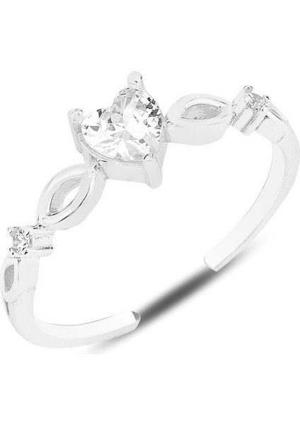 Gümüş Rodyumlu Zirkon Taşlı Tek Taş Kalp Modeli Ayarlamalı Yüzük