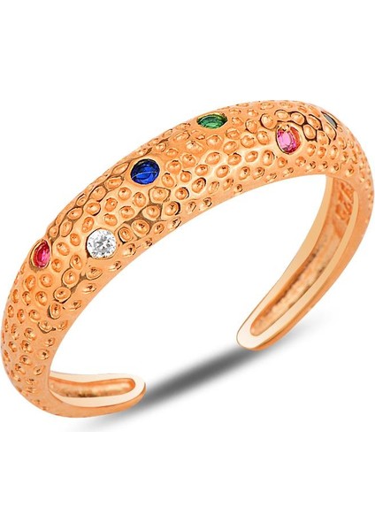 Gümüş Rose Renkli Taşlı Modern Tasarımlı Ayarlamalı Yüzük