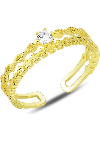 Gümüş Altın Yaldızlı Zirkon Tek Taşlı Ayarlamalı Yüzük