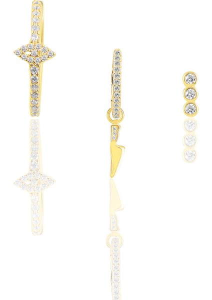 Gümüş Altın Yaldızlı Zirkon Taşlı Eye Kombin Küpe