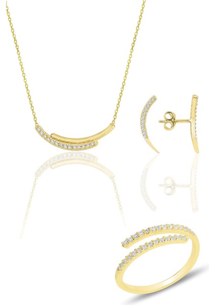 Gümüş Altın Yaldızlı Zirkon Sıra Taşlı Kolye Küpe ve Yüzük Üçlü Set