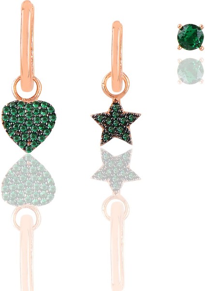 Gümüş Rose Yeşil Taşlı Yıldız, Kalp ve Tektaşlı Kombin Küpe