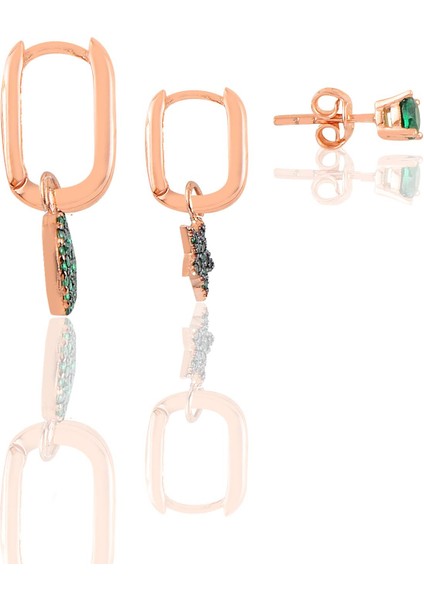 Gümüş Rose Yeşil Taşlı Yıldız, Kalp ve Tektaşlı Kombin Küpe fiyatları