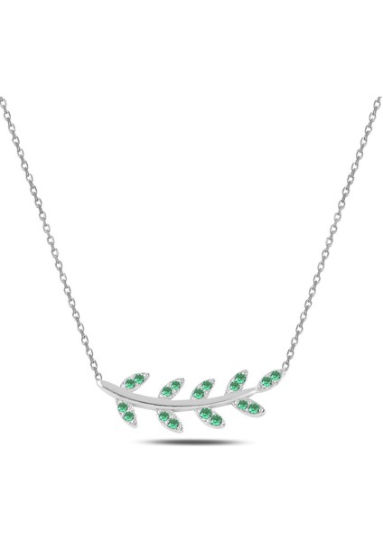 Gümüş Rodyumlu Yeşil Taşlı Yaprak Kolye