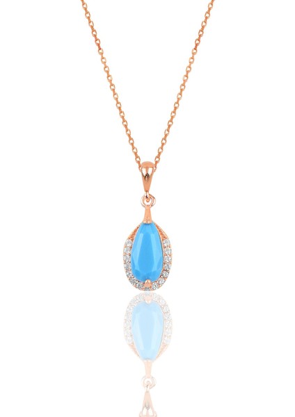 Gümüş Rose Turkuaz ve Zirkon Taşlı Damla Modeli Kolye