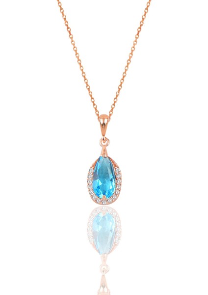 Gümüş Rose Akuamarin ve Zirkon Taşlı Damla Modeli Kolye