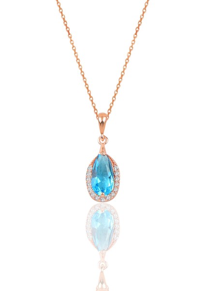 Gümüş Rose Akuamarin Taşlı Damla Modeli Kolye ve Küpe Ikili Set fiyatları