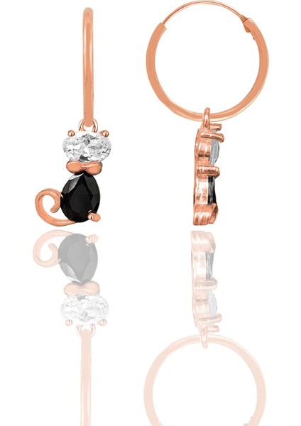 Gümüş Rose Zirkon ve Onix Taşlı Özel Tasarım Kedi Küpe