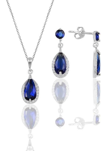 Söğütlü Silver Gümüş Rodyumlu Safir Taşlı Damla Modeli Kolye ve Küpe Ikili Set