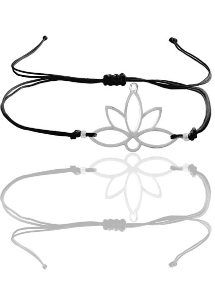 Gümüş Lotus Yaşam Çiçeği Siyah Ipli Bileklik
