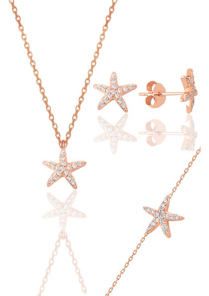 Gümüş Rose Zirkon Taşlı Deniz Yıldızı Üçlü Set